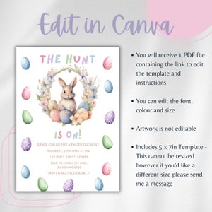 May include: A printable invitation for an Easter egg hunt. The invitation features a watercolor illustration of a bunny rabbit sitting in a wreath of pastel colored eggs and flowers. The text on the invitation reads "The Hunt is On!" and includes details about the event, such as the date, time, and location.