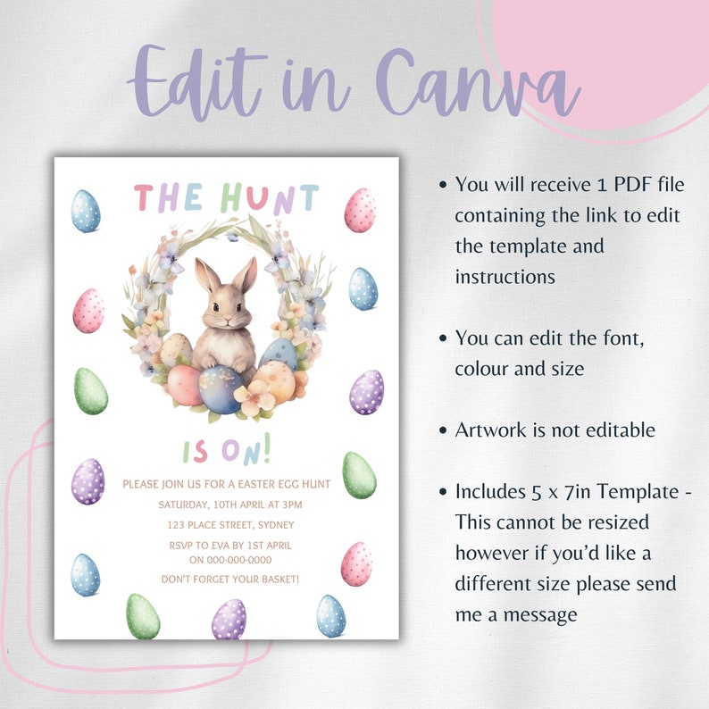 May include: A printable invitation for an Easter egg hunt. The invitation features a watercolor illustration of a bunny rabbit sitting in a wreath of pastel colored eggs and flowers. The text on the invitation reads "The Hunt is On!" and includes details about the event, such as the date, time, and location.