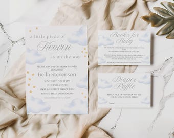 Little Piece of Heaven Baby Shower Invitation Bundle, Cloud Editable Template (Digital Download)