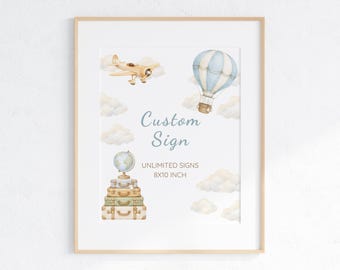 Adventure Awaits Travel Baby Shower Custom Sign, Hot Air Balloon Editable Template (Digital Download)