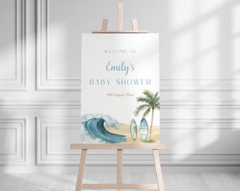 Baby on Board Welcome Sign, Summer Baby Shower, Surf Beach Baby Sign, Printable Event Sign, Boy Surfing Baby Shower Sign Template, Editable