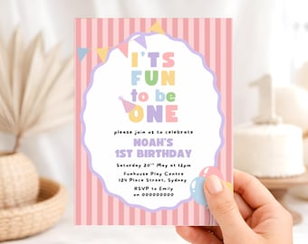 Fun to be One 1st Birthday Party Invitation, First Birthday Theme: Editable Canva Template