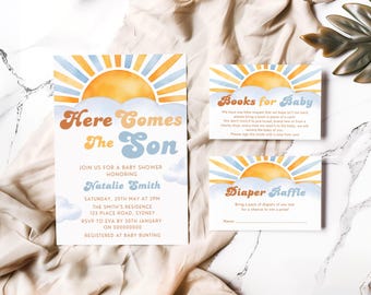 Here Comes the Son Baby Shower Invitation Bundle, Canva Editable Party Template