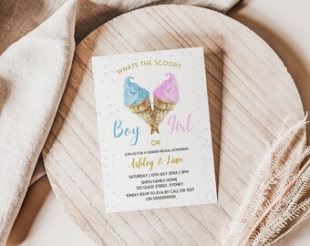 What's the Scoop Gender Reveal-uitnodiging, bewerkbare sjabloon blauw en roze ijs