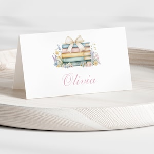 Etiqueta para despedida de soltera "Un nuevo capítulo", tarjeta para colocar el nombre de un amante de los libros, despedida de soltera de cuentos, plantilla editable, asientos de mesa