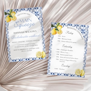 Mediterranean Lemons Bachelorette Itinerary Invite, Italian Hens Party Weekend Invitation, Main Squeeze, Blue Tile Hens, La Dolce Vita