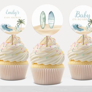 Baby on Board Cupcake Topper, Summer Baby Shower, Boy Surfing Baby Shower Cake Topper, Summer Baby Shower Toppers, Ocean Shower Decor