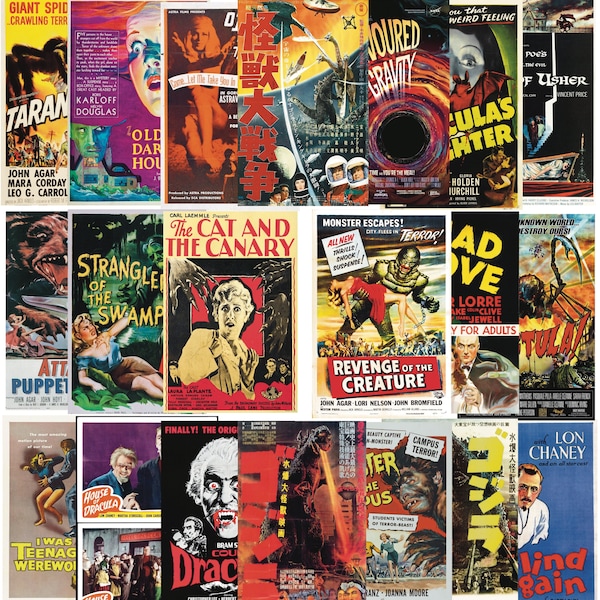 Vintage Horror Movie Posters Bundle - 20 Digital Downloads - Instant Printable Decor - Classic Monsters, Horror Art, Classic Movies, Horror