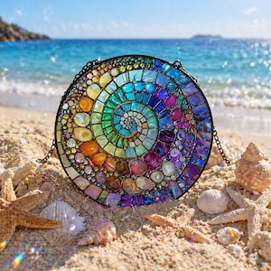 Atrapasueños abstracto de vidrieras con forma de concha marina arcoíris, atrapasueños colorido, decoración para ventanas, arte inspirado en conchas marinas, decoración para el hogar