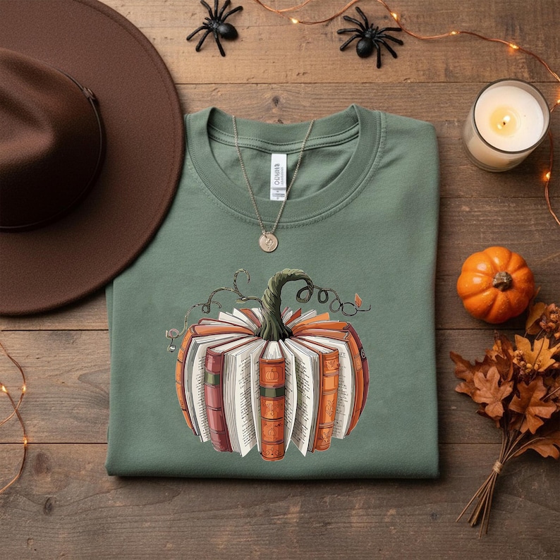 May include: Sage green t-shirt featuring a pumpkin design made of books. The pumpkin has a green stem and is surrounded by orange and white book pages. A brown hat, candle, and small pumpkin are on a wooden surface.