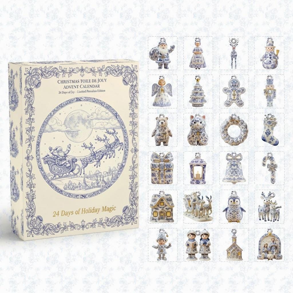 Discover Christmas Toile De Jouy Advent Calendar 2025, Toile De Jouy Art Xmas Calendar, Calendar With Acrylic Christmas Ornaments, Countdown Calendar