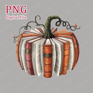 May include: A digital illustration of a pumpkin made of open books. The books are orange and brown, with a green stem and vines. The text "PNG Digital File" is in the upper left corner.