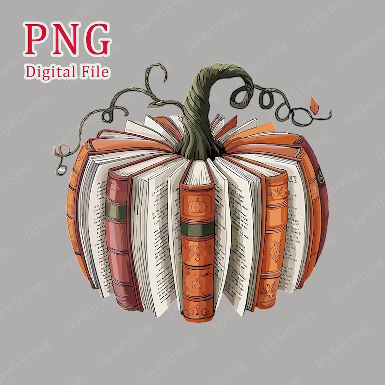 May include: A digital illustration of a pumpkin made of open books. The books are orange and brown, with a green stem and vines. The text "PNG Digital File" is in the upper left corner.