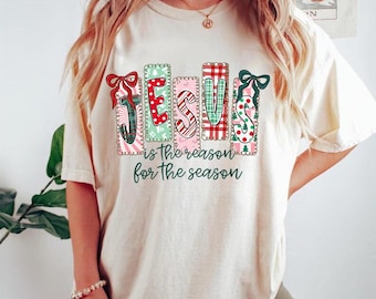 Jesus Is The Reason For The Season PNG Coquette Christian Christmas PNG Preppy Bow Retro Christmas Tree PNG Hand Drawn Gingham Tartan Doodle