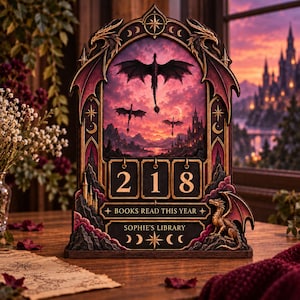 Può includere: Un tracker di lettura decorativo in legno con una scena fantasy di tre draghi che volano sopra un castello al tramonto. Il display presenta tre tessere numeriche rotanti che mostrano 218, con le incisioni BOOKS READ THIS YEAR e SOPHIE'S LIBRARY.