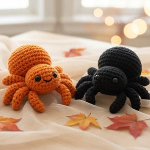 Puede incluir: Dos arañas de ganchillo, una naranja y otra negra, sobre una superficie crema con hojas de otoño. La araña naranja tiene una cara sonriente. Las arañas tienen ocho patas y cuerpos redondos, ideales para la decoración de Halloween.