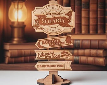 Officieel gelicentieerde Solaria ZA-wegwijzer, houten wegwijzer voor boekenhoek, houten bord, fantasiehouten, bibliotheekdecor, cadeau boekenliefhebber