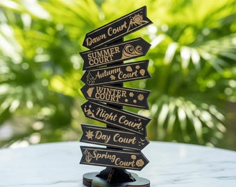Prythian Courts mini-boekbordposten, HOFAS-wegwijzer, boekenhoek houten wegwijzer, houten bord, fantasiehouten, bibliotheekdecor, cadeau boekenliefhebber