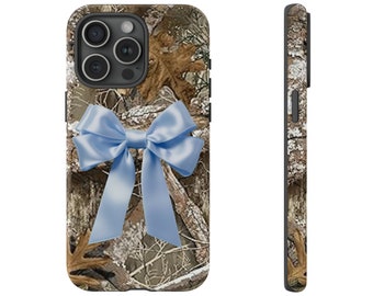 Capa de celular estética Coquette, Capa de celular Y2K, Capa de celular com laço camuflado, Estilo preppy, Estilo "That Girl" (Aquela Garota) - Estilo Soft Girl, Camuflagem Real Tree, Capa fofa para iPhone