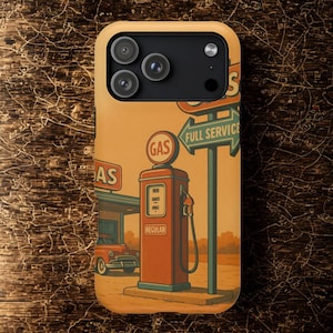 May include: A phone case featuring a vintage gas station design. The illustration includes a red gas pump, a classic car, and a sign that reads "Full Service." The color palette consists of warm tones like orange, red, and green.