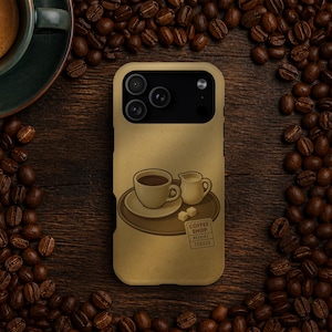 May include: A tan phone case with a coffee shop design. The illustration shows a coffee cup, creamer jug, sugar cubes, and a receipt. The case is surrounded by coffee beans on a wooden surface.