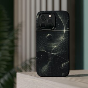 May include: Black phone case featuring a detailed, artistic depiction of a space-time diagram with a grid pattern and celestial bodies. The design includes the words "st" and "sent" on the top. The case has a glossy finish and a camera cutout.