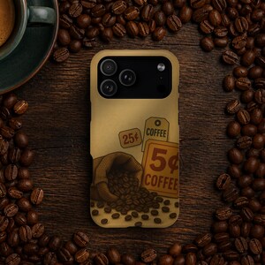 Puede incluir: Funda de teléfono beige con un diseño vintage de café. El diseño incluye un saco de yute derramando granos de café, etiquetas de precios que dicen "25¢" y "5¢ COFFEE".