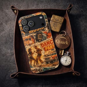 Etui na iPhone'a z kolażem tanecznym z lat 70.: retro van, mikrofon, ochrona w stylu vintage