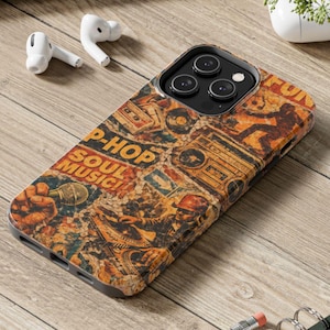May include: A phone case with a vintage-style design featuring the words "P-HOP SOUL MUSIC!" and illustrations of a boombox, microphone, and a DJ. The case has a distressed, aged appearance with a mix of orange, brown, and blue tones.