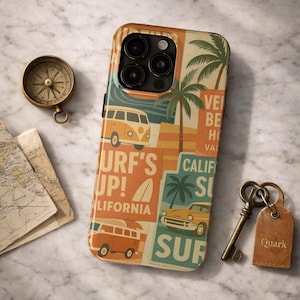 iPhone-skal med vintagemotiv från Kalifornien: Retro design med strand, skåpbil och palmträd