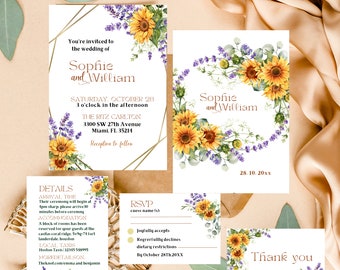 Sunflower Wedding Invitation Template Set, Boho Wildflower Wedding Invite Suite, Sage Yellow Floral Details Card, Printable RSVP, Download