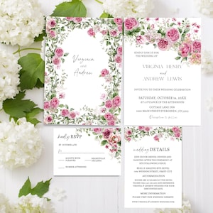 Paarse roos bruiloft uitnodiging sjabloon, paarse pioenrozen bruiloft sjabloon, BEWERKBARE rustieke huwelijksuitnodiging, lila bloemen uitnodiging