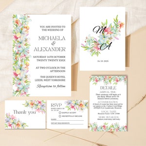 Wildflower Wedding Invitation Template Set, Printable Wedding Invitation, Field Flowers, Wedding Invite Suite, Pressed Flowers