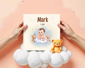 Personalisiertes Bilderbuch für das erste Jahr, personalisiertes Baby-Gedächtnisbuch mit Illustrationen, Geburtstags-, Taufe- oder Erinnerungsgeschenk