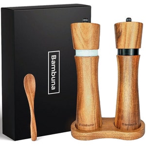 Bambuna® elegant pepper mill set made of wood Salt and pepper mill coaster and spoon made of acacia wood high quality gift box image 1