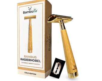 BAMBUNA safety razor for men and women including 5 blades - safety razor set gold - safety razor with closed comb and bamboo handle