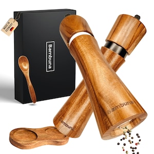 BAMBUNA salt and pepper mill made of acacia wood - 5-piece spice mill set with recipe book - Spice mills with adjustable ceramic grinder