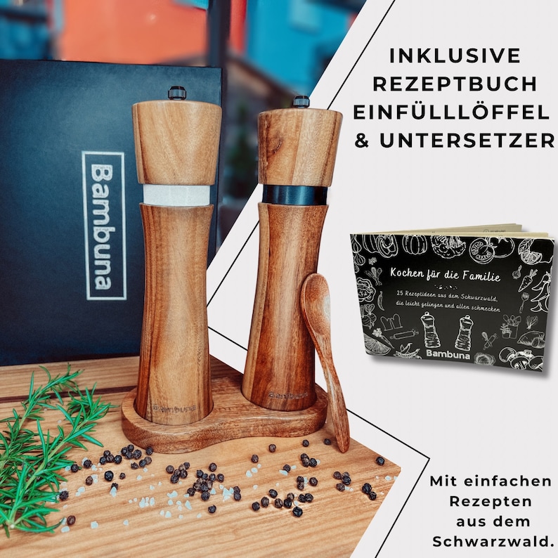 Bambuna® edles Pfeffermühlen Set aus Holz Salz und Pfeffermühle Untersetzer und Löffel aus Akazienholz hochwertige Geschenk Box Bild 3