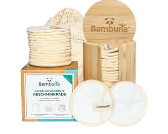 BAMBUNA 18 pieces reusable cotton pads with bamboo box and wash bag - washable make-up removal pads - sustainable make-up removal wipes