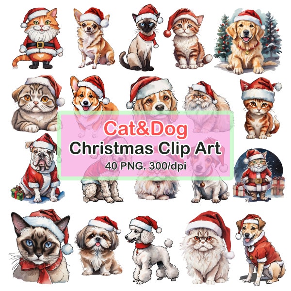 Christmas clipart Cat clipart Dog clipart Pet clipart Cute animal graphics Cartoon cat and dog images Kitten and puppy clipart