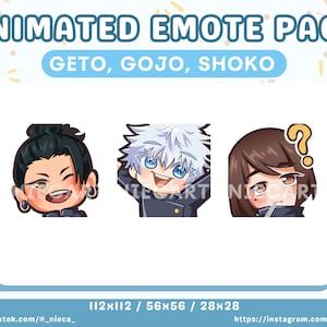 3 Kawaii Animated JJK Geto, Gojo, Shoko Emote Pack for Twitch, Discord, Youtube | Cute Funny Anime Emote Streaming Emoji | Otaku streamer |