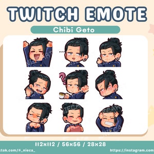 9 Kawaii Twitch Emote Pack Chibi Geto JJK para Discord, Youtube | Emoji fofo e engraçado de anime emote streaming | Serpentina Otaku |