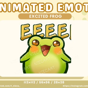 May include: Animated emoji of a green frog with big eyes and a wide smile. The frog is saying "EEEE!" in yellow letters. The emoji is designed for use in online chat and messaging.