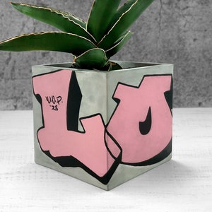 Jardinière graffiti personnalisable | Jardinière pour cactus et succulentes | Art urbain | Jolie jardinière de bureau | Jardinière en béton | Jardinière faite main