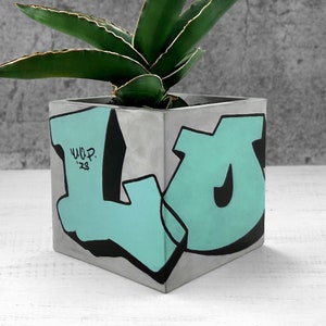 Jardinière graffiti | Jardinière personnalisée | Jardinière pour cactus et succulentes | Art urbain | Jolie jardinière de bureau | Fait main | Jardinière carrée en béton