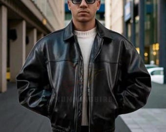 Handmade Vintage Black Leather Bomber Jacket for Mens - 90s Retro Style Real Sheep Leather Casual Streetwear Relaxed Fit Lightweight Jackets