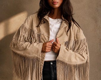 1970s Vintage Western Bhoemian Fringe Suede Leather Jacket for Cowgirl Handmade Genuine Western Boho style Retro Beige Coat.