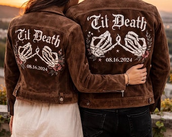 Embroidered Brown Suede Leather Jacket, Embroidered Bridal Leather Jacket Skeleton Hands Jacket Gothic Wedding Leather Jacket- Couple Jacket