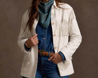 White Fringe Leather Jacket Women, Western Suede Fringe Jacket, Boho Cowgirl Coat, Country Concert Outfit, Bridal Festival Jacket