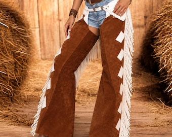 Women's Cowgirl Chaps | Buckskin Suede Brown Leather Pants | Genuine Buckskin Chaps | Handmade Western Rodeo Fringe Chaps | Cowgirl Outfit.